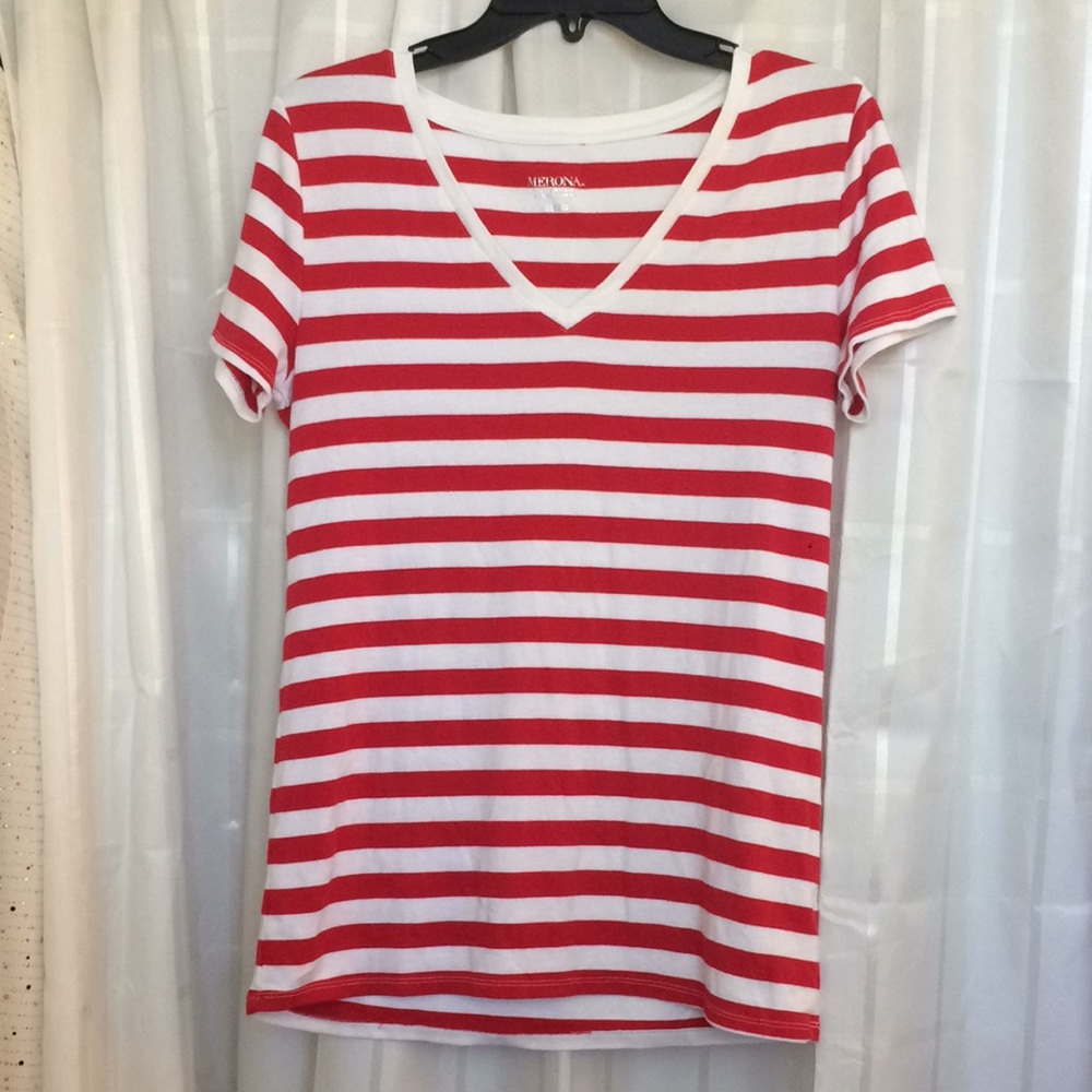 Red White Striped V Neck T-Shirt Merona Size L